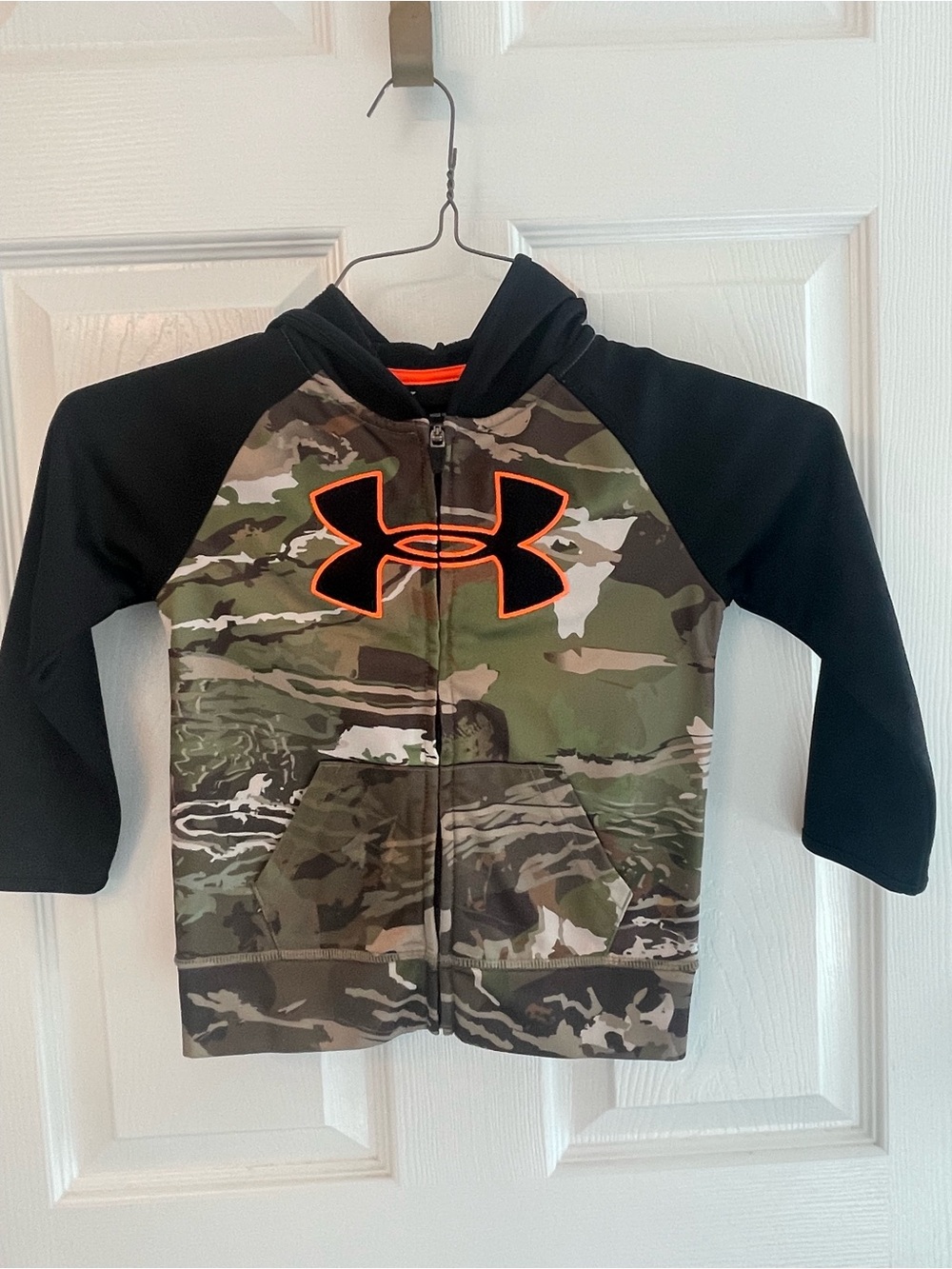 Under Armour Kids Camo Hooded Jacket with Black Sleeves & Orange Logo